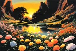 Beautiful epic sunset, logan's run 1976 movie influence, cosmic, people, rocks, holiday influence, river, flowers, very epic and philosophic, walter leistikow, alfred munnings, and hans am ende impressionism paintings