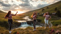 a group of young ladies in sports pants and blouse are dancing to camera in high grassy hills,a small fall and river and wild flowers at river sides, village houses,some trees ,cloudy sun set sky