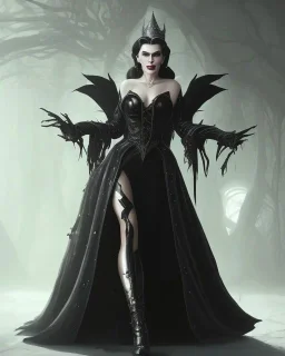 old evil queen in black leather gown, femme fatale, volouptous, busty, cleavage, angry, emperious, 8k resolution concept art portrait by Greg Rutkowski,