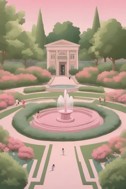 A garden in the school with various flower beds, colored pink, girls playing, and a fountain in the middle with a veil.