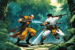 (in the style of Orion, by Masamune Shirow) a gangsta monk fight against a paladin knight in the jungle
