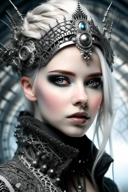 Beautiful faced young blond winter queen biomechanical woman, wearing silver goth punk metallic filigree floral face masque, adorned with goth punk silver metallic diadem headress, wearing biomechanical amalgamation style leather jacket dress ribbed with silver floral metallic filigree biomechanical vantablack pattern, organic bio spinal ribbed detail of gothic winter snowy backround extremely detailed maximalist hyperrealistic portrait