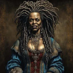 full body colored etching of an aged ornately dressed, malevolent, predatory voodoo female vampire l from the French West Indies with highly detailed beaded dreadlock hair and facial features ,in the style of Rembrandt, Gian Lorenzo Bernini, and Johannes Vermeer, with a fine art aesthetic, highly detailed , realistic , 4k UHD