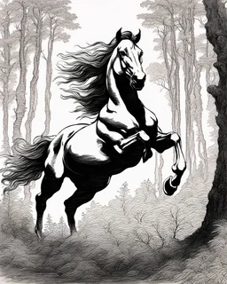 A centaur majestically galloping through the dense forest in the style of gustav dore, fantastical landscape, soft strokes , mythology portrait, classic painting