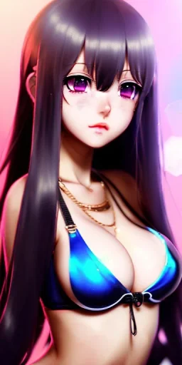 Detailed cute anime girl,big boobs,touching boobs ,sexy ,licking lolipop ,red hair buns, purple bangs, black latex suimsuit, intricate details, full body portrait, keep head in frame, slight smile, black Japanese motif, concept art, highly detailed, digital painting, concept art, sharp focus, illustration, art by Yoji Shinkawa, WLOP and greg rutkowski and alphonse mucha and artgerm and yanjun Chen and Junji ito and Makoto Shinkai, HDR, octane render