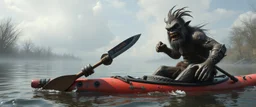 ancient ogre troll machete in kayak in stream
