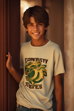 15 year old young boy with lightly tanned skin and brown hair wearing a teeshirt, standing by a door, smiling, 4k, Fantasy