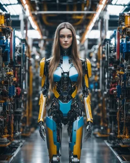 potrait full body cinematography colors a beautiful face woman long hair humanoid robot mechanical walking in between two rows of complex machinery with vibrant colors