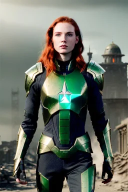 ruined city, __sci-fi armor armor__, __angles__, 19 year old woman, strikingly beautiful, ginger hair, emerald eyes, [__starlets__|__starlets__], (pale __skincolor__ skin:1.2), __camera__ __hair__, detailed face and eyes, (ccup breasted:1.1), leather choker, freckles, dynamic pose, _expression_, __accessory__, strappy outfit, (straps:1.1), longsword in right hand, (buckles, buttons, snaps, rings:1.0), tribal tattoos, forest background, detailed eyes, plump lips, fantasy theme, Model hash: ddc302