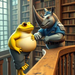 close up 3d anime illustration from a yellow color big and fat anthropomorphic frog in simple human clothes talking with a gray strong anthropomorphic rhinoceros without horns in blue modern security guard clothes, they talking and elbowing on an old wooden railing next to each other, in background a bibliothek with tall book shelves, detailed sci-fi, fantasy mood