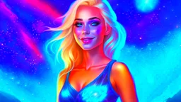 Full body portrait of a peaceful ((smiling)) gorgeous blonde Goddess of the galaxies with a blue indigo purple skin, high skul, luminous eyes in a galactic sunset