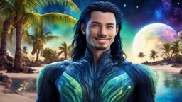 beautiful gorgeous young man na'vi with long hair, Avatar, blue skin, two small ears, green eyes, black hair, in cosmic suit, galactic ambiance, medium pointy goatee , smiling, with spaceship and planets and palm trees and clear crystaline cosmic beach in background