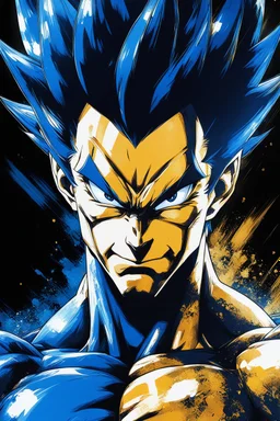 Poster , split in half, one side "Vegeta", other side "Goku", midline of the face, painting by Yoji Shinkawa, dark blue and GOLD detailed iridescent, metallic, translucent, dramatic lighting, hyper futuristic, digital art,