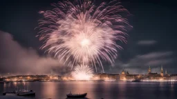 In a mesmerizing combination of brilliant and fading shades, photorealistic,an insanely detailed photograph of the worlds, most beautiful New years firework ,setover copenhagen Raadhusplads.