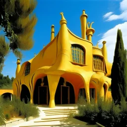 A golden yellow university made out of wood painted by Salvador Dali