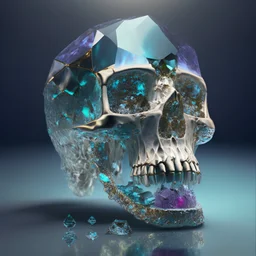 fusion of a skull and gem transparent, realistic photograph , 3d render, octane render, intricately detailed, cinematic,