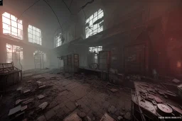 old mining shaft, post apocalyptic, run down, day time, destroyed buildings , unity, scriptable render pipeline , lighting , volumetric , faded fog , global illumination