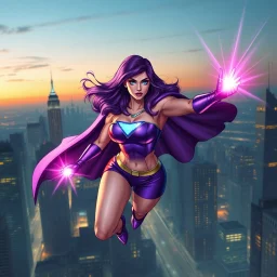 super pretty woman, purple long haired, big bubs, good body, dressed with a mini purple super hero siut, cape, shining eyes and plasma light on hands flying over the darkness city