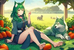 Girl, green hair, wolf paws in hand, farm, sit, wolf paws in feet, blushed, eat a carrot