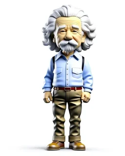 4D cartoon with big head, ultra-realistic details of Albert Einstein dressed in a plain gray long-sleeved shirt, cargo pants, cream-colored boots, hands in pockets, white background