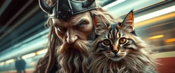 high class realism, dented skin, victorian era, cyber punk, A really close up portrait of one viking individually mutated with hairy wigs glowing, and a long haired cat that just came out of a violent twister with its long hair twisted, background blur, high speed train, book cover, terrorists