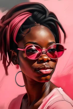 Portrait of ,cool, beautiful, modern African American lady in neat tied with hair, wearing cool sunglasses pink painted in oil paint