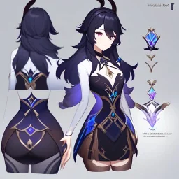 Clear focus,High resolution, Black long fluffy hair, and purple eyes, wearing a Genshin Impact Inspired Outfit,Detailed Clothes,A little bit revealing, must wear a short skirt, concept art