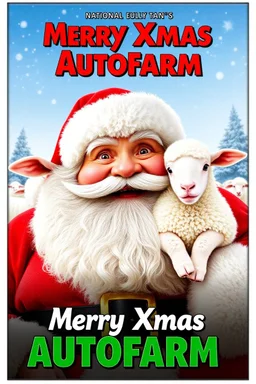 Create a 1990s-style movie poster featuring a jolly, portly Santa Claus merged with a fluffy, endearing sheep. The poster should capture the festive and comedic spirit of 'National Lampoon's Christmas Vacation.' Include the title 'Merry Xmas Autofarm' prominently, with a nostalgic and humorous holiday vibe. Use bright, cheerful colors and playful elements to make the poster stand out.