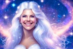 very beautiful cosmic women with white long hair, smiling, with cosmic silver dress and brightly earings. in the background there is a bautiful sky with stars and light beam