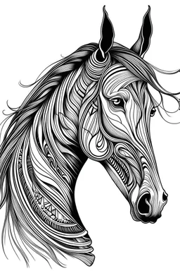 realistic horse head tattoo idea, line art, background, vector, svg, black outline on white background, leave plenty of white space beetween lines for coloring, tattoo style, tattoo idea,full body, minimalist