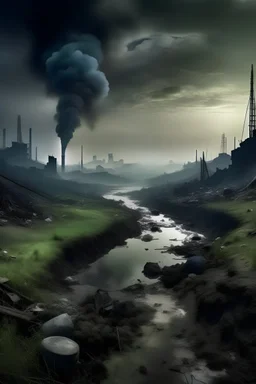 A vivid image of a polluted landscape, possibly an urban area, with smoky skies and sewage-strewn streets. In the foreground, you may have symbols of environmental degradation such as plastic waste, deforestation and industrial pollution. However, in the midst of the darkness, there is a glimmer of hope - a small plant breaking through the concrete, or a person or group engaged in cleaning up the environment. This brief captures the urgency of environmental issues while expressing the potential