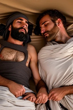 close up photography of two men ugly liying down sleeping in the night inside a camping tent, bearded ugly burly 30-year-old rough beefy bullneck arab tourist guides wearing traditional clothes, bulge, manly chest, photorealistic, midnight, lit by bonfire, ambient occlusion, top view, in the desert