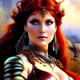 Drawing of beautiful face busty red Sonja,ancient leather armor, balanciaga fashion clothe painting by gaston bussiere, greg rutkowski, yoji shinkawa, yoshitaka amano, tsutomu nihei, donato giancola, tim hildebrandt, oil on canvas, cinematic composition, extreme detail,fit full head inside picture,16k