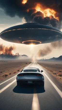 The image shows a photograph with a science fiction theme. Reflected in a side-view mirror, we see a car with passengers, driving on a desolate road. In the background, a large UFO hovers in the sky while multiple explosions erupt in the distance, sending up clouds of smoke and fire. The mirror's border frames this chaotic scene, juxtaposing a calm, seemingly oblivious drive with the dramatic events unfolding behind.