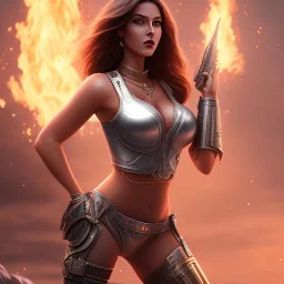 fantasy art, busty latina, big booty, full-body,standing next to car , beautiful-face, short hair, red-silver-fire-pattern outfit, short outfit, tight outfit, scoop-neck, enormous bust, realistic artwork,full body show, posing ,