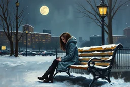 Painting of a lonely young woman . snowy night. sitting on a park bench. cityscape. full moon. night time oil painting. expressive brush strokes. solitude. pensive mood. Urban Melancholy