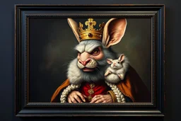king troll mouse rabbit in style of Rembrandt and Fallout 4, with motion blur, all on a painting on wall with black wooden frame and with black wall background