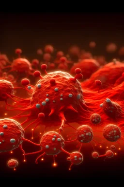 group of T cells in red color and group of cancer cells in brown color