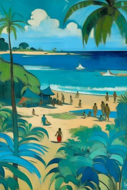 A blue resort on a beach painted by Paul Gauguin