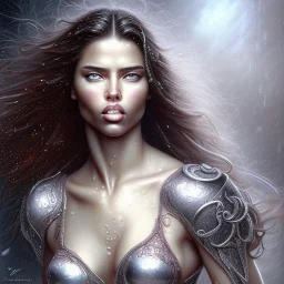 adriana lima, legend seeker, bodybuilder, thunderstorm, wet, rain by gerald brom luis royo