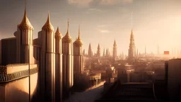 /imagine prompt: realistic, personality: [An awe-inspiring shot reveals the majestic emirate city of Malagri. Towering buildings made of shimmering gold and intricate architectural details fill the screen, evoking a sense of wonder and grandeur. The city is bathed in golden sunlight, casting a warm glow over its bustling streets and vibrant markets. This shot establishes Malagri as a place of beauty and opulence, serving as an oasis of hope for the young men.] unreal engine, hyper real --q 2 --v