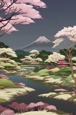 a land scape of Japanese garden, big moon, black starlight night , surrounded by cherry blossom trees, cel shading