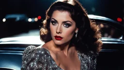 [artistic colour photo from Film noir (1980)] a brunette in a car bends over to speak, she looks at the camera, she is going to a party, she is mysterious and her dress does not conceal much, the street is dark