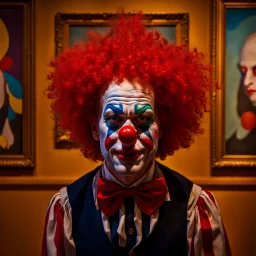 A clown with a make-up face, red nose and colorful curly hair stands in a museum in front of a huge picture with a golden frame of a clown who looks just like him shedding tears, the tears flow out of the picture and drip onto the floor of the museum, inspired by Art Frahm, surreal art, extremely high quality artwork, in the gallery for art, Cyril Rolando and M. w kaluta, cyril rolando and m.w kaluta, realistic art, amazing art, realism art style, inspired by Mads Berg, trendy artwork