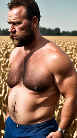 full body shot photography of a relaxing tired burly beefy neapolitan farmer 50 years old under the sun sitting down in a wheat field, dirty, ugly, manly chest, sweat, with the shirt open, boxer, bulge, view from the ground, 35mm lens , misery and poverty, countryside,