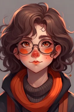 a soft boy. grey eyes. long eyelashes. thick fluffy messy wave style hair. shoulders length hair. hair frames face. hair hides eyes partially. hair color is a dark brown orangish color, with orange tips. big rounded glasses that have a slightly rosy tint to them. Bandaid on nose and star stickers on cheek.