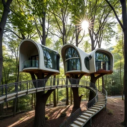 Four small residential tree house buildings with innovative architectural elements linked together by pedestrian bridges. They have a curved design and the ground below is inclined. He is made of glass, concrete and metal materials. one has a terrace, another balcony. The building is located in a forest environment. The sun's rays shine through the leaves of the trees.