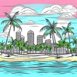 florida city with beach and palms color drawing