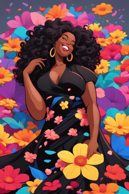 A sassy thick-lined vibrant cartoon art style cartoon black female lounging lazily on her side, surrounded by colorful large flower petals. her curvy body silhouette a black maxi dress. Looking up coyly, she grins widely, showing teeth. Her poofy hair forms a mane framing her confident, regal expression.