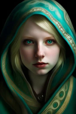 Picture a porcelain beautiful woman with soft features, thick blonde bob length hair. She has blue-green eyes. She has war paint on her face and wearing a hood which covers most of her face